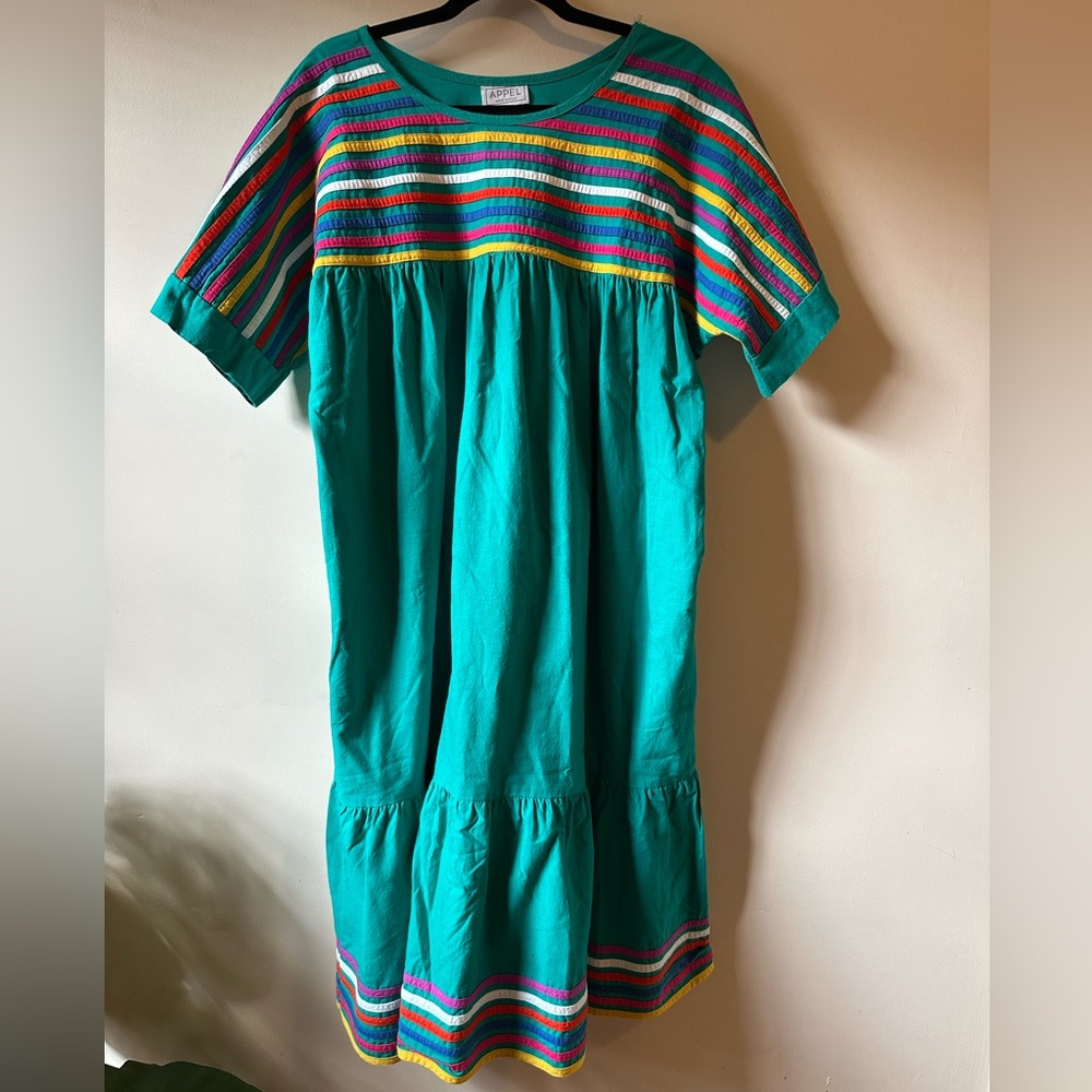 Vintage Appel Cotton Rainbow Stripe Tiered Midi Dress XXL Made in USA